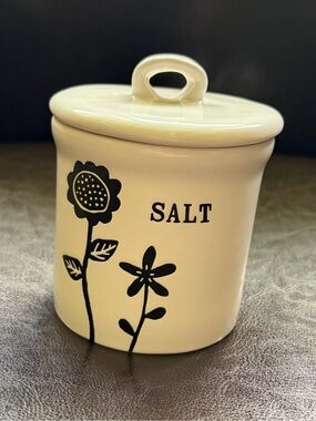 Rae Dunn Cream Ceramic Salt Jar with Black Floral Design